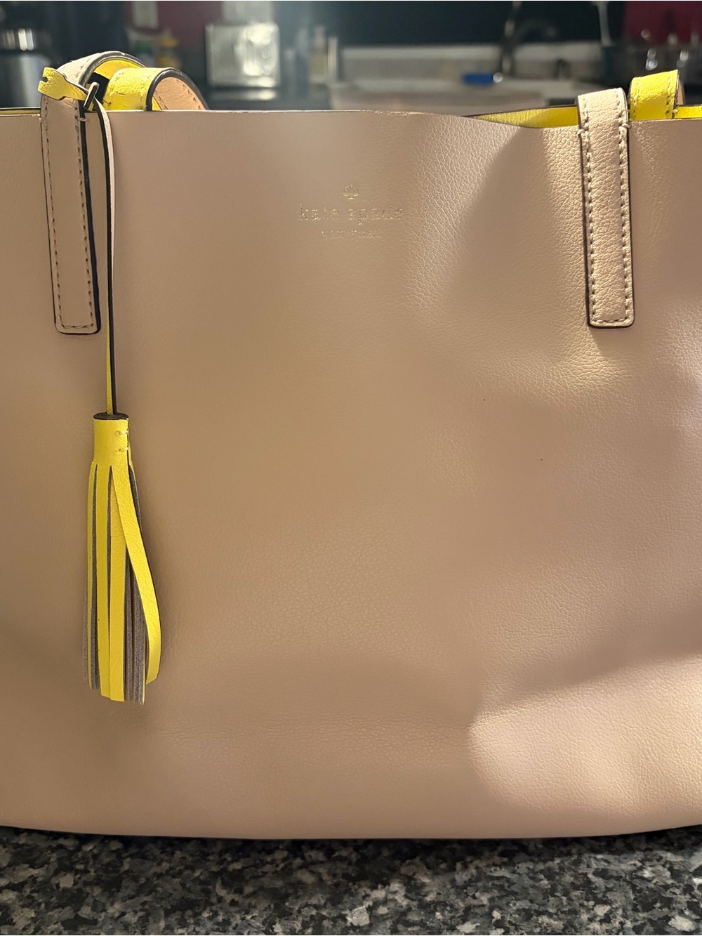 kate spade Lily Avenue Carrigan Blush Leather Tote with Yellow Tassel Accent